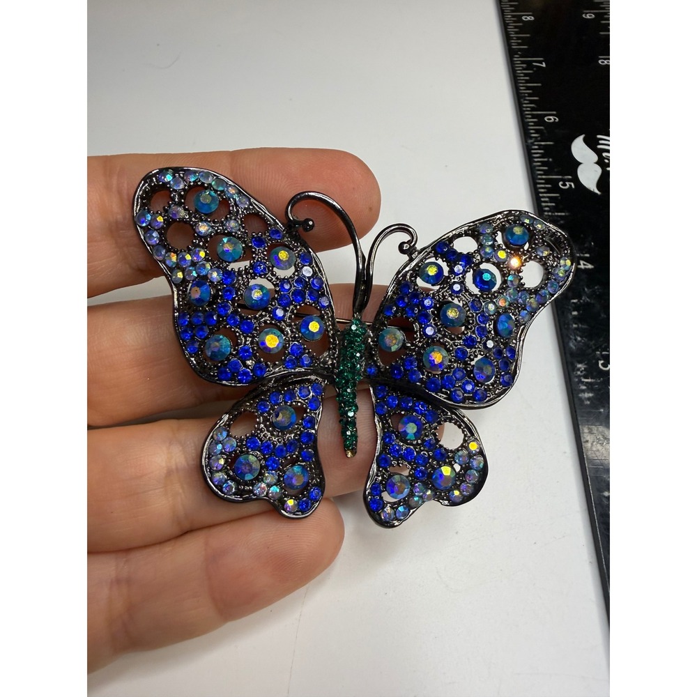 Blue Rhinestone Butterfly Brooch Gunmetal Tone Aurora Borealis Crystal Pin